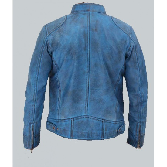 Dodge Cafe Racer Sky Blue Leather Jacket