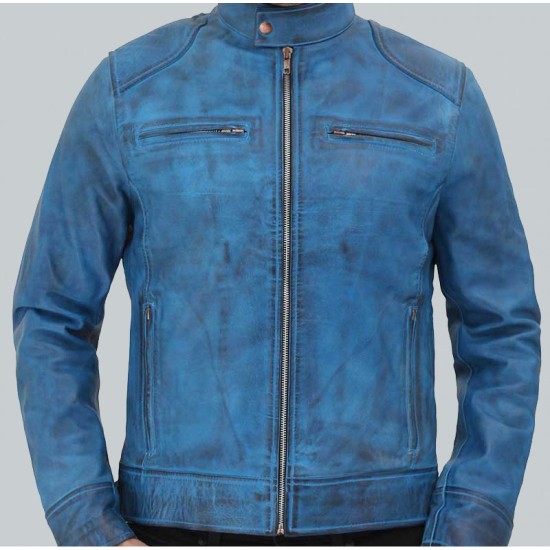 Dodge Cafe Racer Sky Blue Leather Jacket