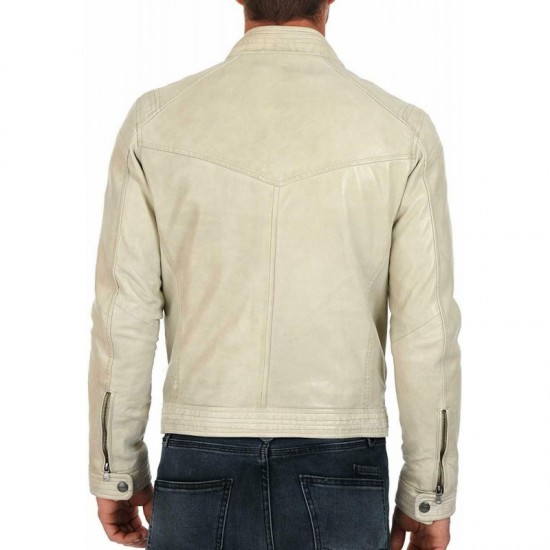 Men's Genuine Lambskin High Quality Leather Beige Stylish Biker Jacket Coat