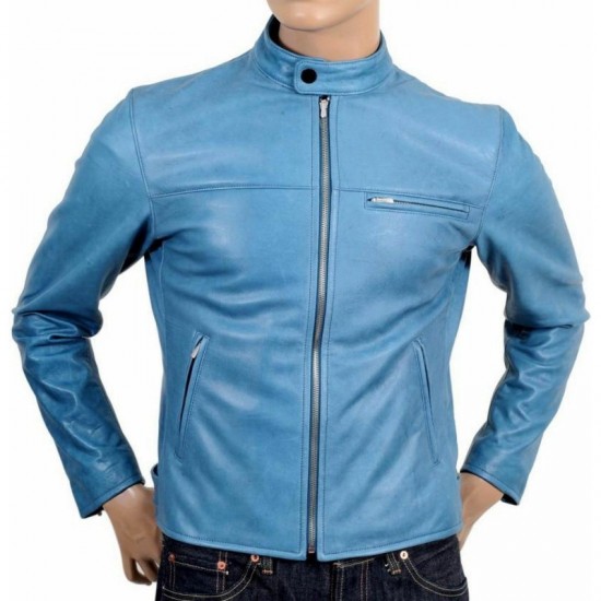 Men's Dodge Mens Sky Blue Motorcycle Style Leather Jacket