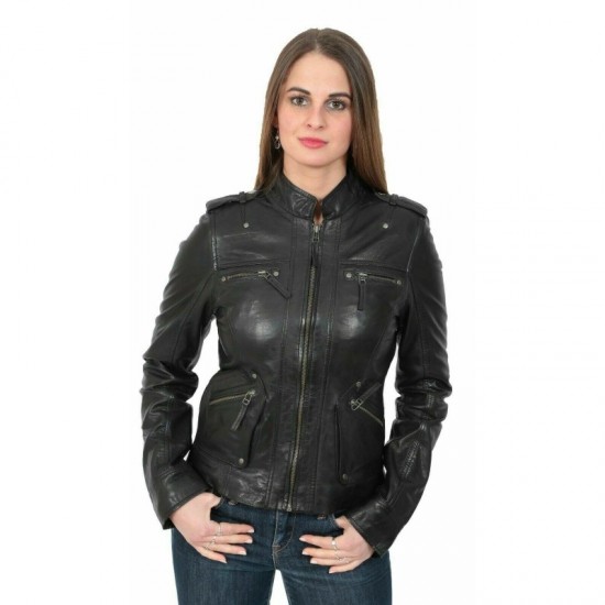 Womens Black Biker Slimfit Stylish Geniune Leather Jacket