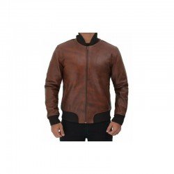 Torres Mens Leather Distressed Brown Bomber Jacket