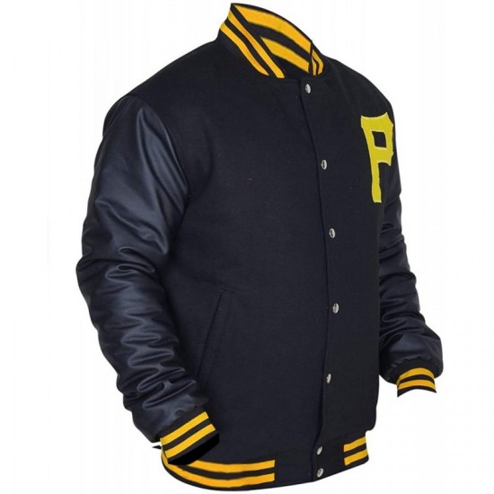 Mens Pittsburgh Pirates P Logo Baseball Majestic Varsity Black Letterman Bomber Jacket