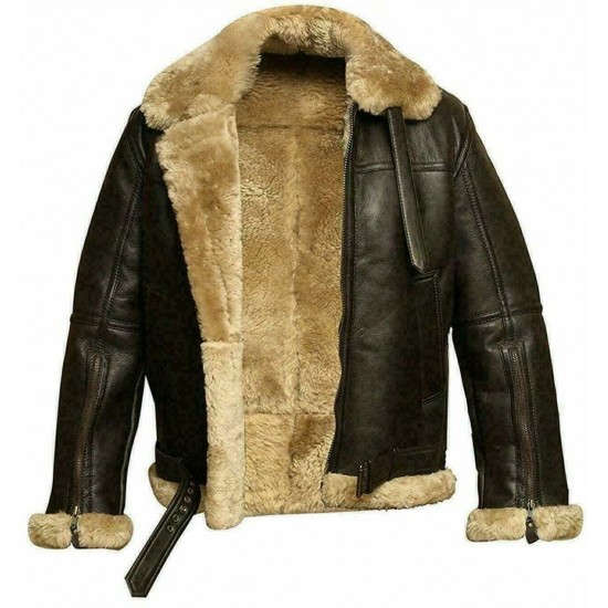 Men's Aviator Pilot RAF B3 Flying Bomber Fur Lambskin Leather Jacket Shearling