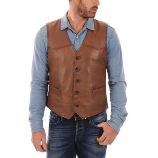 New Mens Party Wear Brown Leather Vest Coat New Mens Party Wear Brown Leather Vest Coat