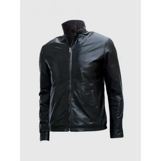 Biker Black Leather Zipper Jacket